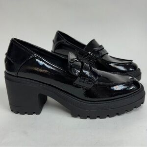 New Seychelles Black Patent Heeled Penny Loafers Chunky Heel 90s Size 9